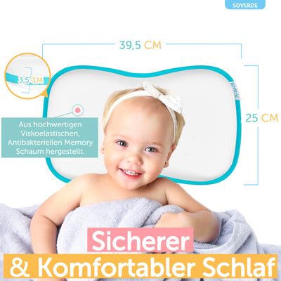 Durch das Kinder Kissen von SOVERDE erhält dein Baby einen sicheren und komfortablen Schlaf. Durch die richtige Liegeposition auf dem Kissen wird das Risiko eines plötzlichen Kindstodes deutlich verringert.