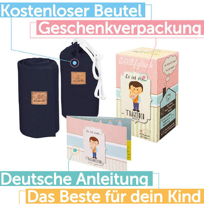 das SOVERDE Tragetuch in der Farbe blau. 540cm lang mit deutscher bebilderter Anleitung und süßer Geschenkverpackung. Eine Mittelmarkierung des Tuches bietet eine gute Orientierung zum Binden